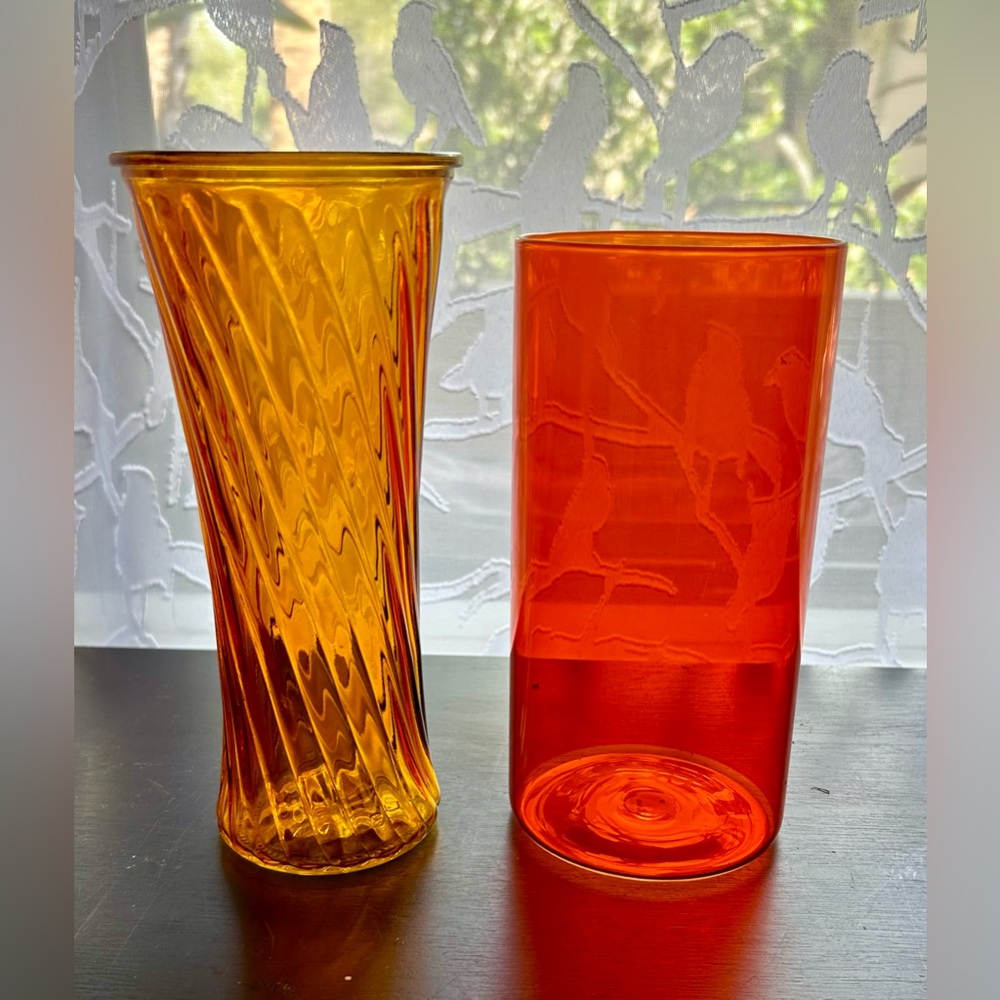 2 Vases,  vintage, spiral, yellow vase 7.75” & Orange cylinder vase 7”